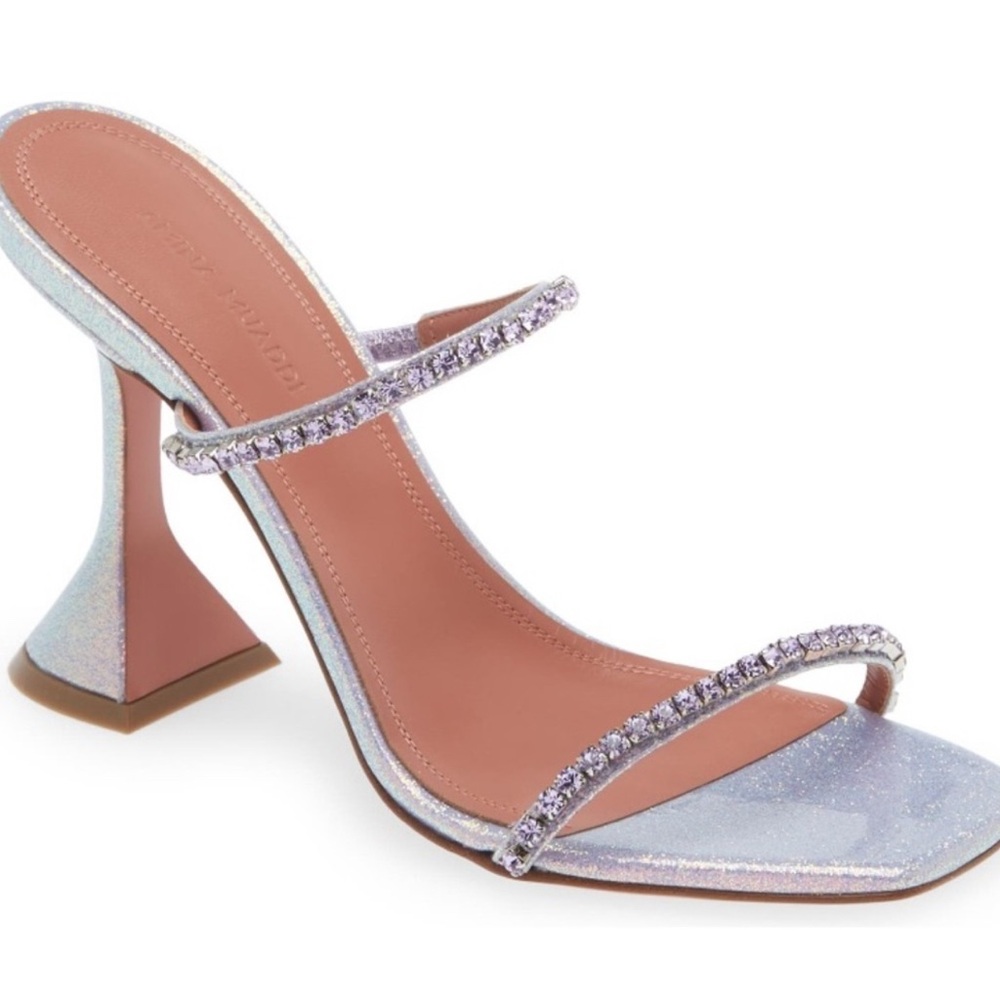 New in Box Amina Muaddi Gilda Mermaid Purple Strap Sparkly Heel Sandal Slipper